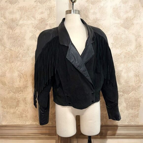 Vintage Scully Black Leather Fringe Suede Jacket Coat Small Concho - Picture 1 of 8